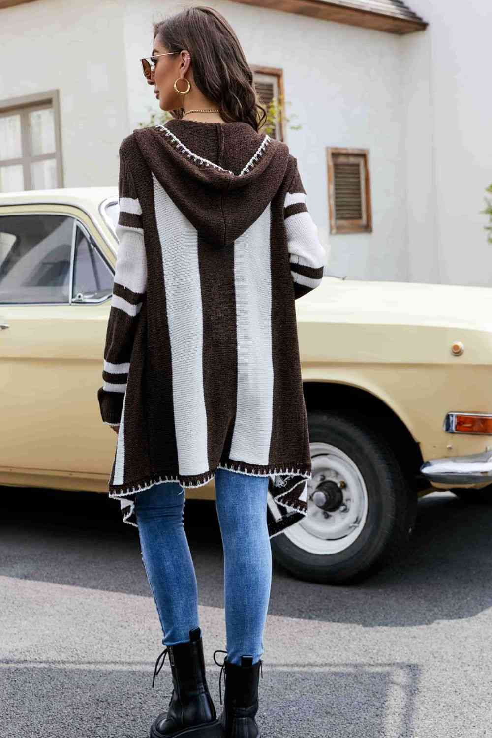 Maxct &Woven Right Striped Open Front Hooded Cardigan