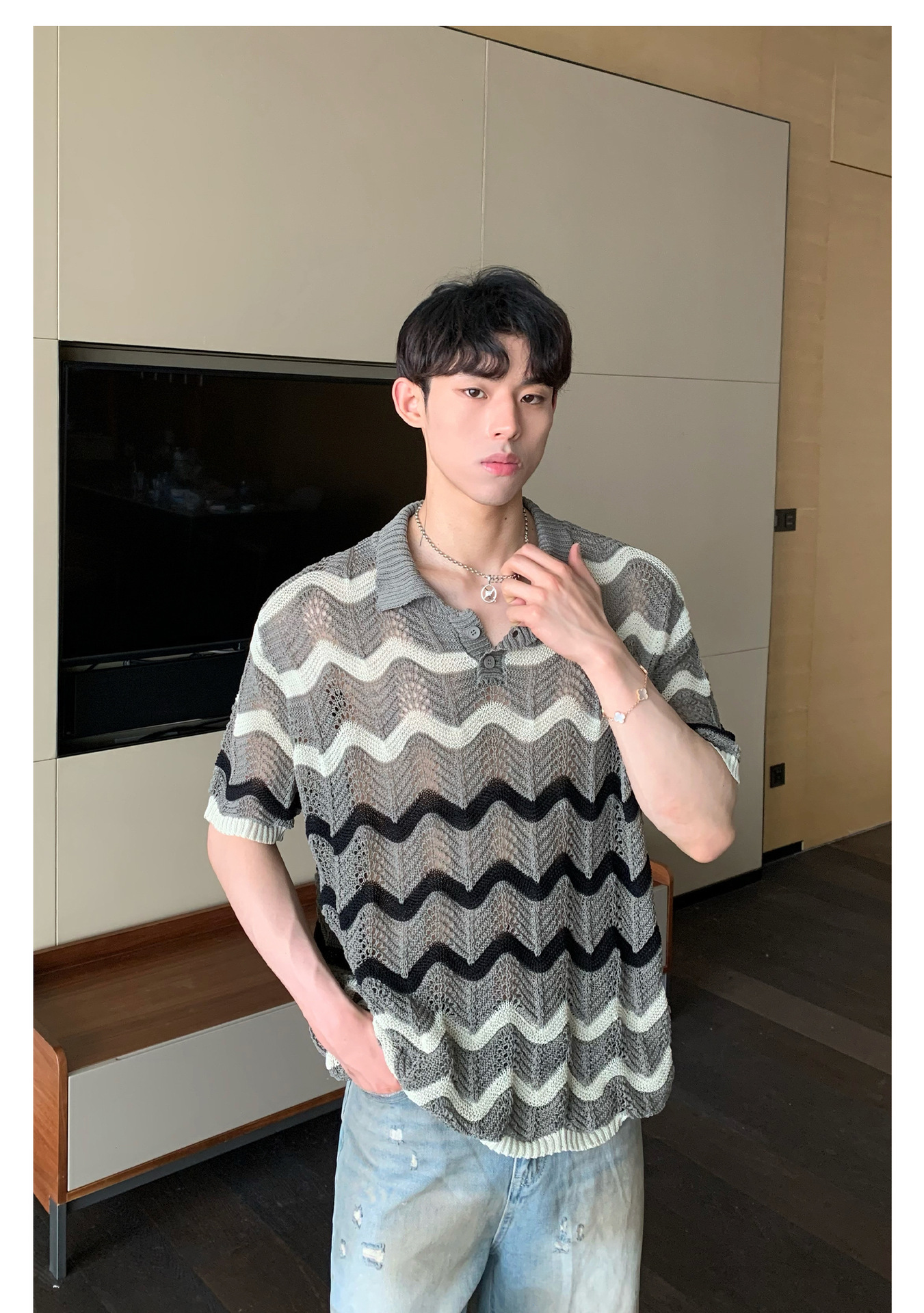 90s Streetwear Korean Style Summer High-end Sense Hollow Color Stripe Lap Short-sleeved Niche Design POLO Shirt T-shirt Casual Top