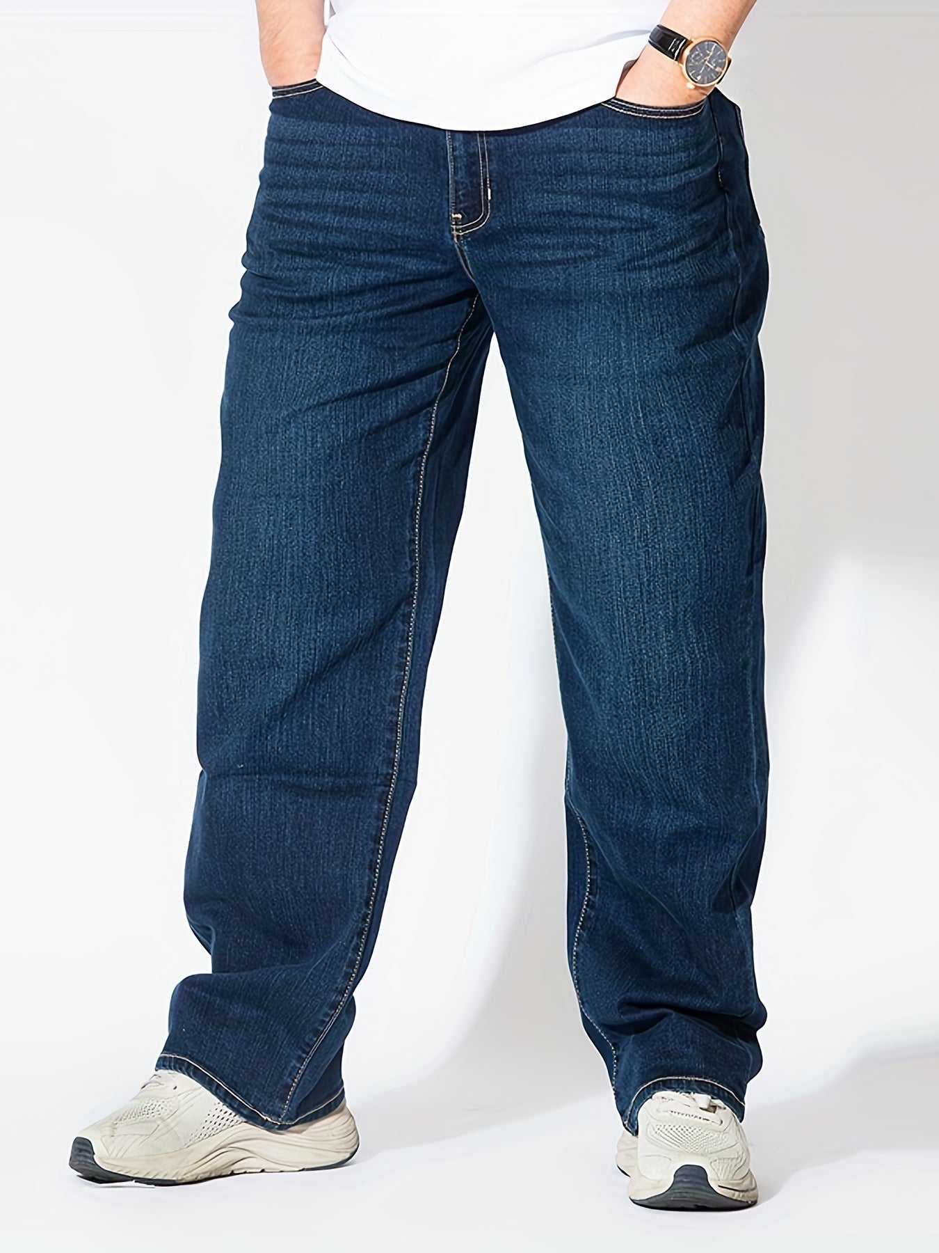 Maxct  Plus Size Men's Mid Rise Dark Indigo Stretch Straight Leg Comfortable Fit Jeans, Mens Casual Trendy S Clothes