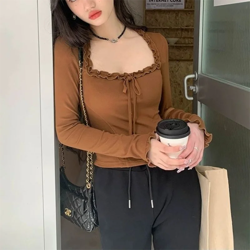 Maxct Square Neck Pleated Sexy Tops Casual Autumn Slim Long Sleeved T-shirt for Women's Ins Fashion Crop Top