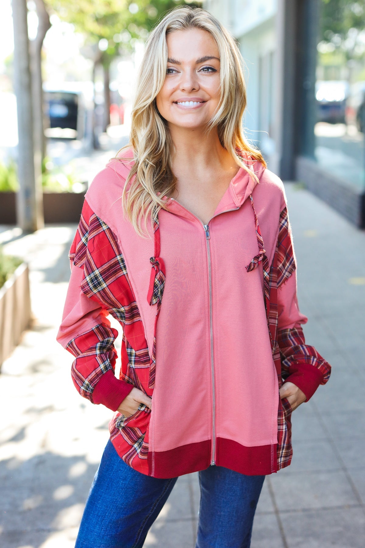 Maxct &Adorable in Marsala Plaid Color Block Zipper French Terry Hoodie