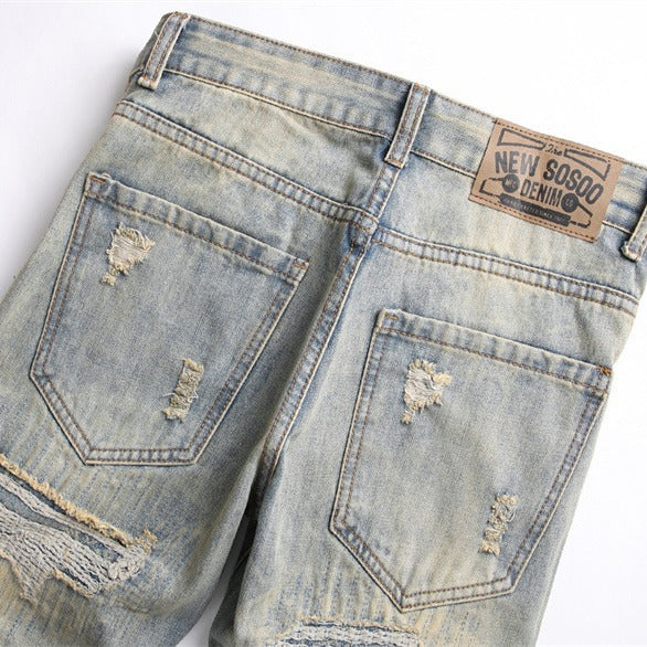 Maxct Men's Casual Letter Embroidery Jeans, Chic Vintage Style Skinny Denim Pants