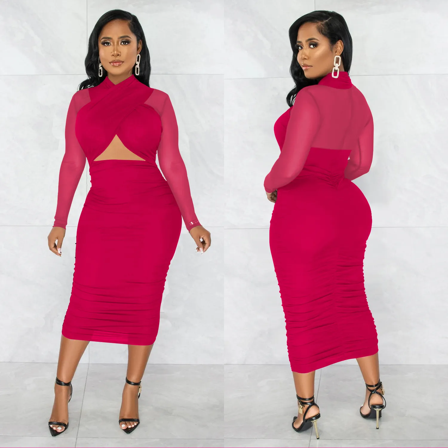 Maxct Maxct Fashion Women's Mesh Long Sleeve Solid Color Wrapped Breast Crop Dress