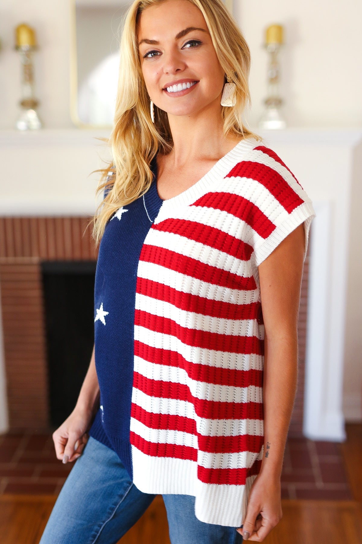 Maxct &Stars & Stripes Americana V Neck Dolman Sweater Top