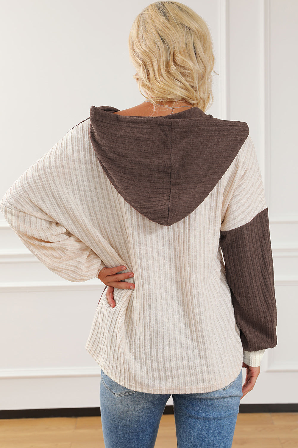 Maxct &Color Block Quarter Button Long Sleeve Hoodie