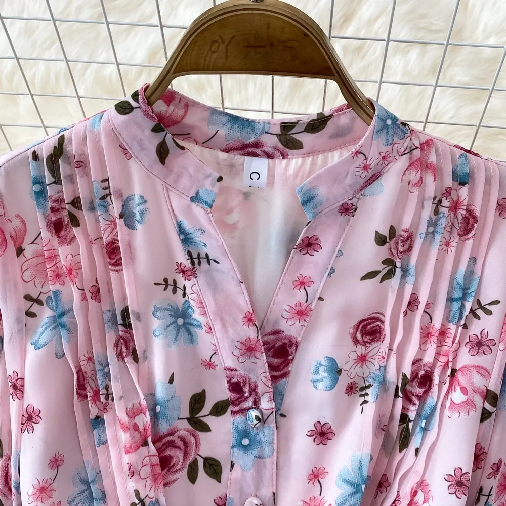 Floral Midi Dress Women Elegant V-Neck Lantern Long Sleeve High Waist Draped A-Line Casual Vestidos Female Spring Autumn