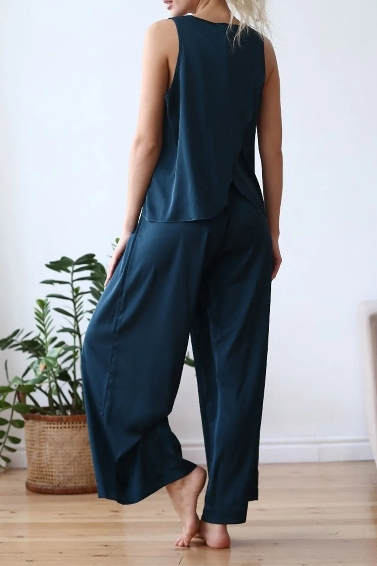 Maxct Satin Slit Tank Top Wide Leg Long Pants Set
