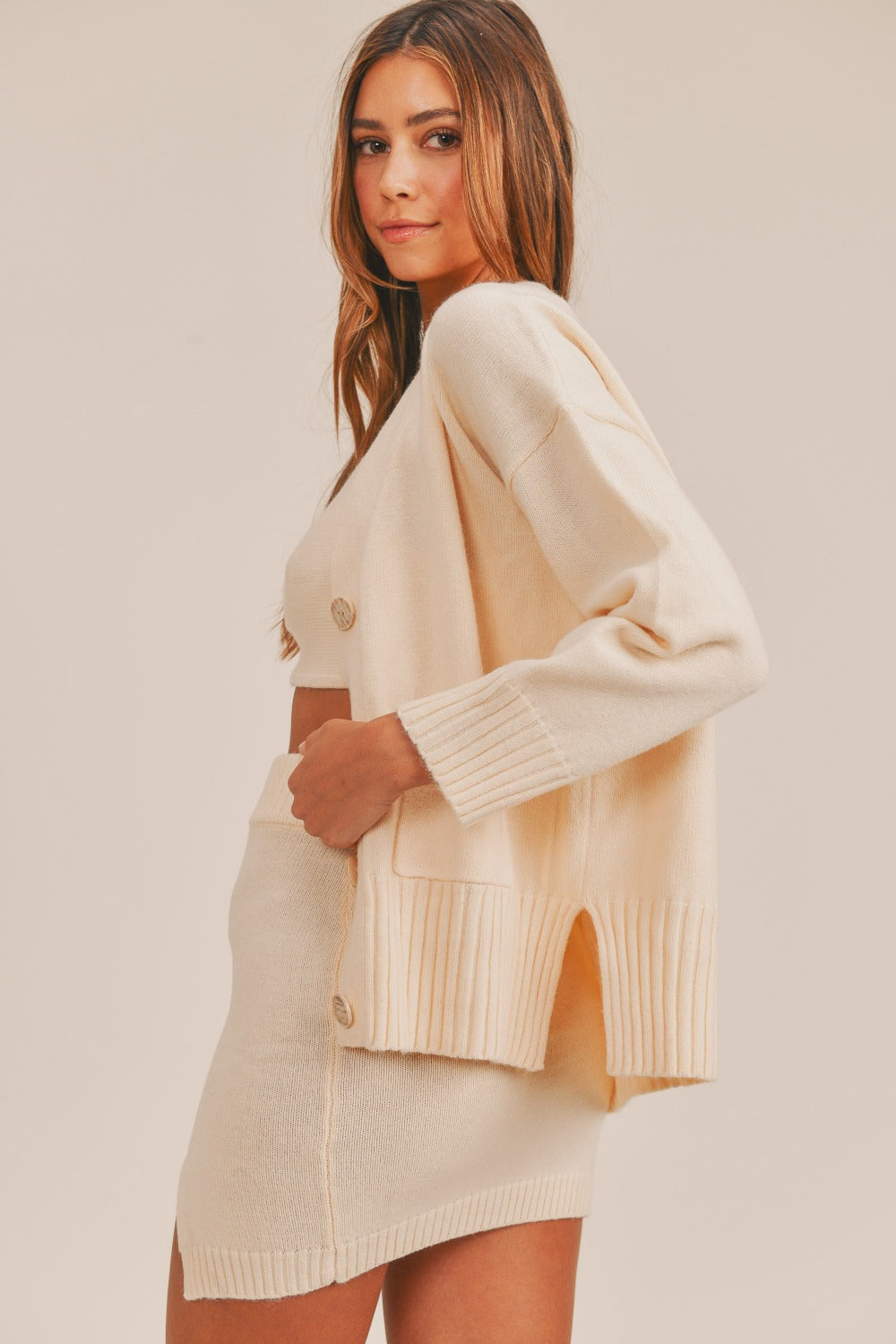 Maxct &MABLE 3 Pieces Sweater Set with Crop Cami, Mini Skirt, Cardigan