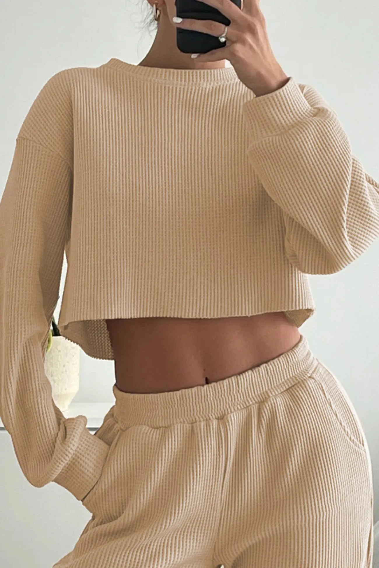 Maxct Waffle Solid Sweatshirt Long Pants Set