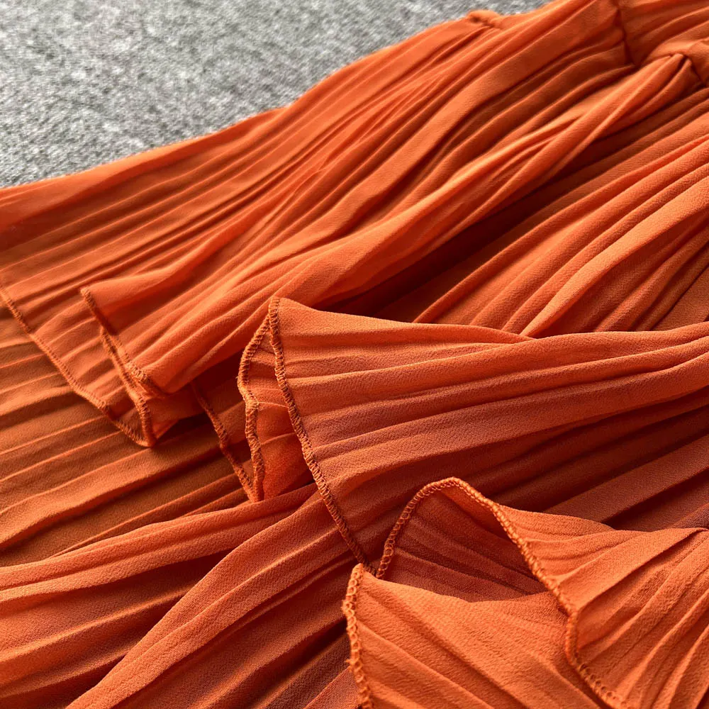 Chiffon Pleated Long Dress Women Vintage V-Neck Flare Sleeve Draped Ruffle Vestido Female Maxi Robe Spring Fall 1215-1