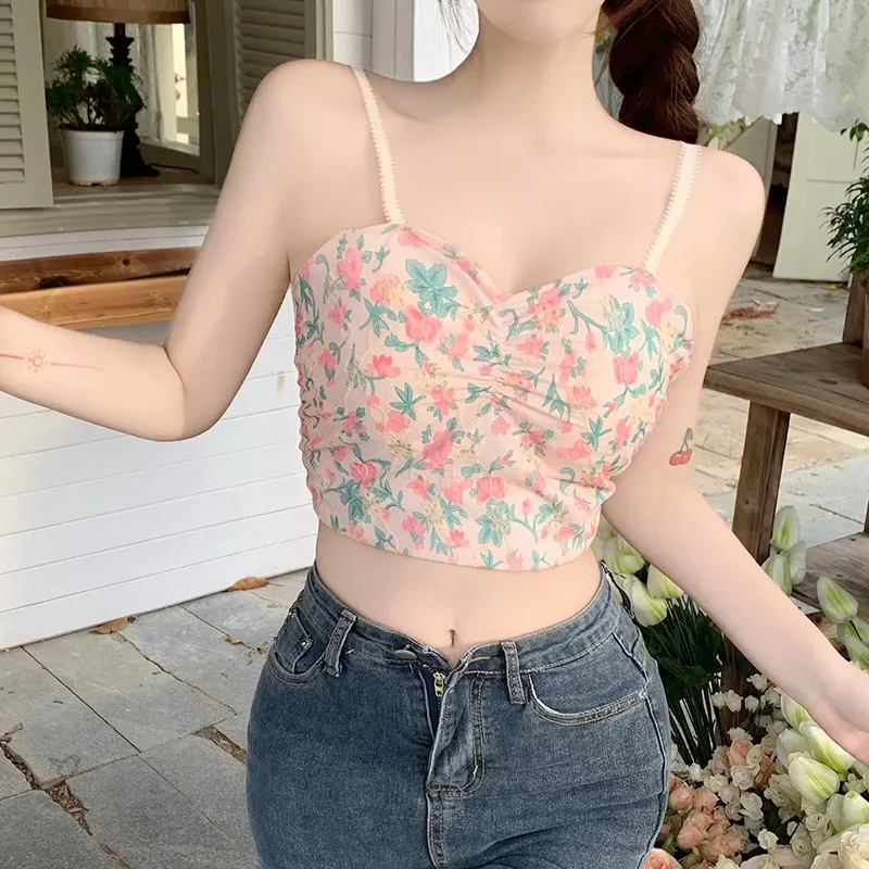 Maxct Tank Tops Navel Padded Women's Camisole Korean Version Floral Print Slim