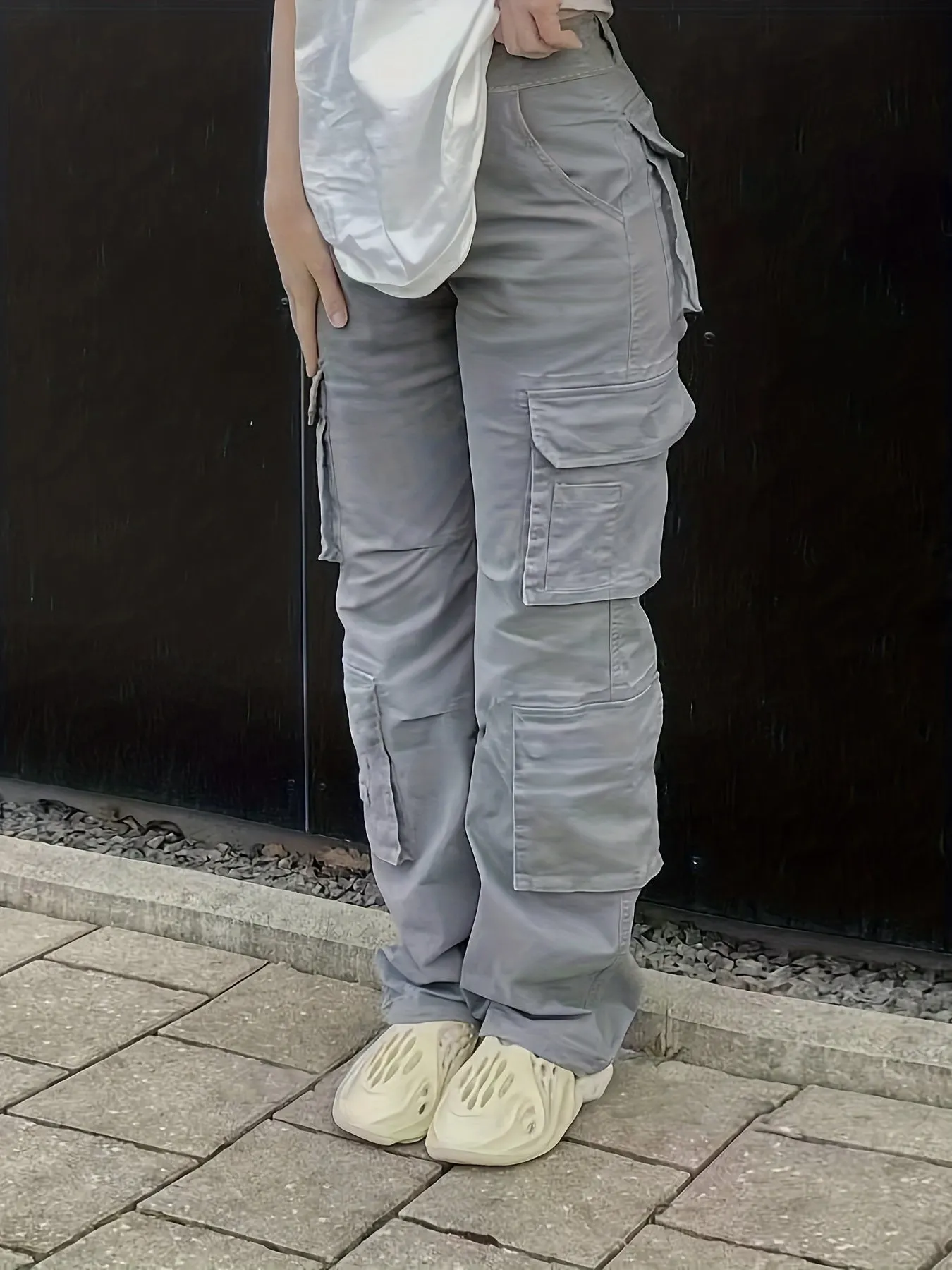 Maxct Plain High Rise Cargo Denim Pants, Loose Solid Color Retro Cargo Jeans, Street Casual Style, Women's Denim Jeans & Clothing