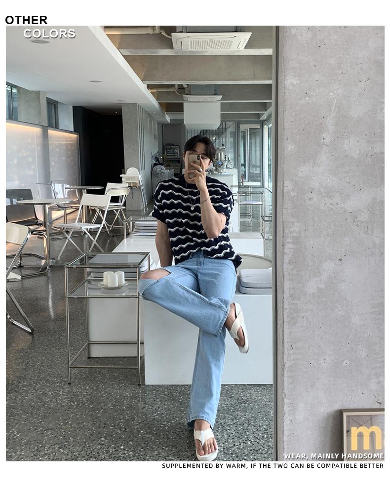 Maxct 90s Streetwear Men's T-shirt Short-sleeved Summer Trendy Brand High-grade Sense Heavy Industry Hollow Knitted Sweater Jacquard Wave Striped T-shirt Top