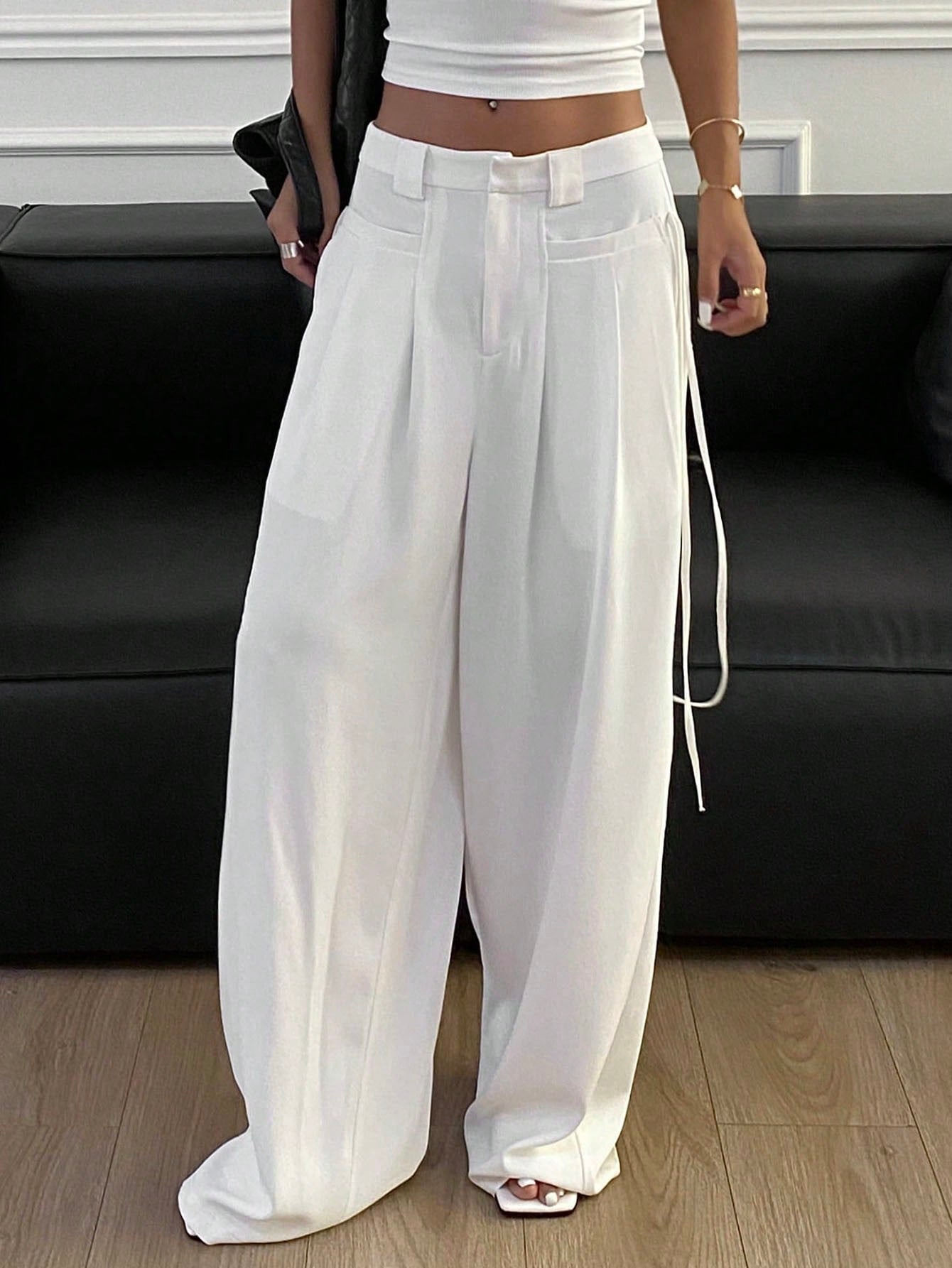 Maxct Solid Color Bow Tie Waist Wide Leg Trousers Women's Suit Pants