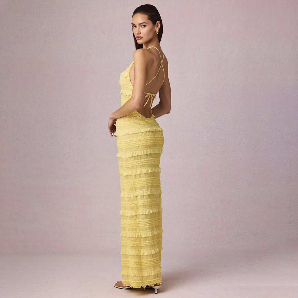Ruffle Lace Backless Halter Neck Dress Maxct