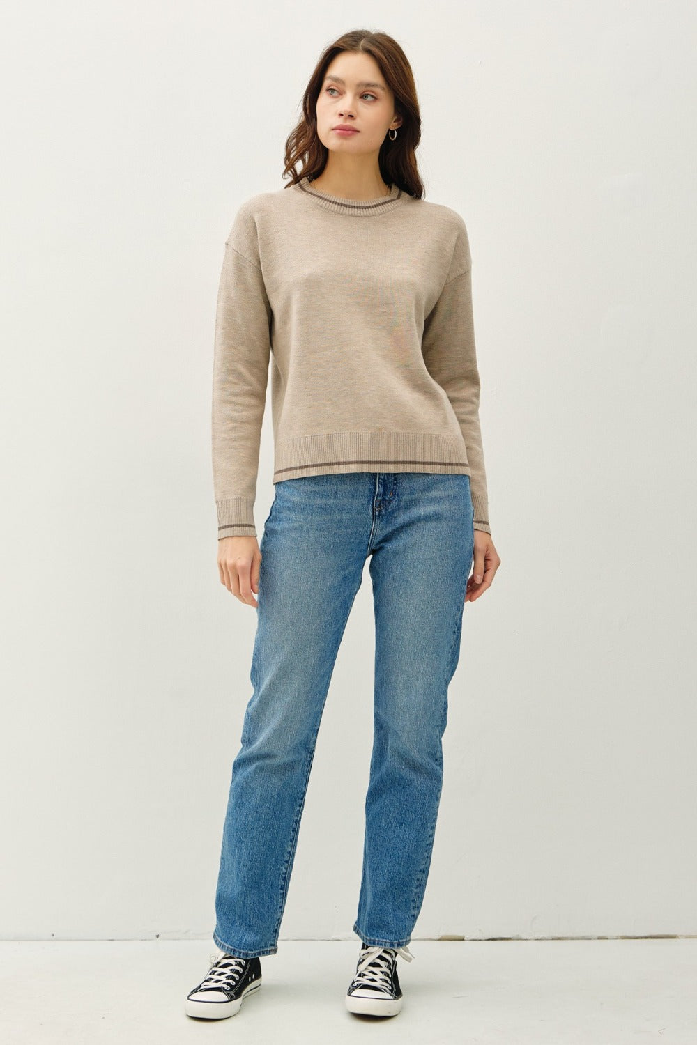 Maxct &Be Cool Striped Trim Round Neck Long Sleeve Sweater