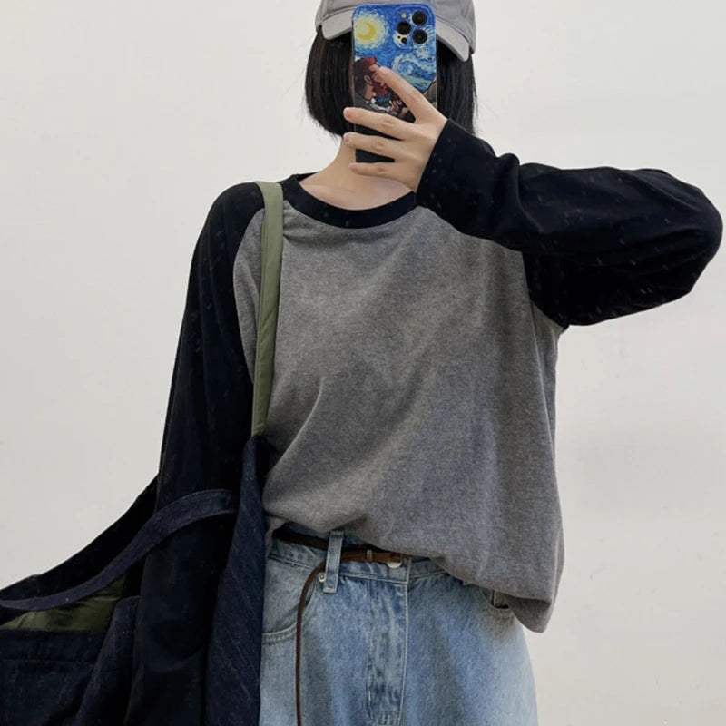 Maxct Oversized T-shirt Round Collar Contrast Color Long Sleeve Tops Women Spring Patchwork Kawaii T Shirts Unisex Streetwear