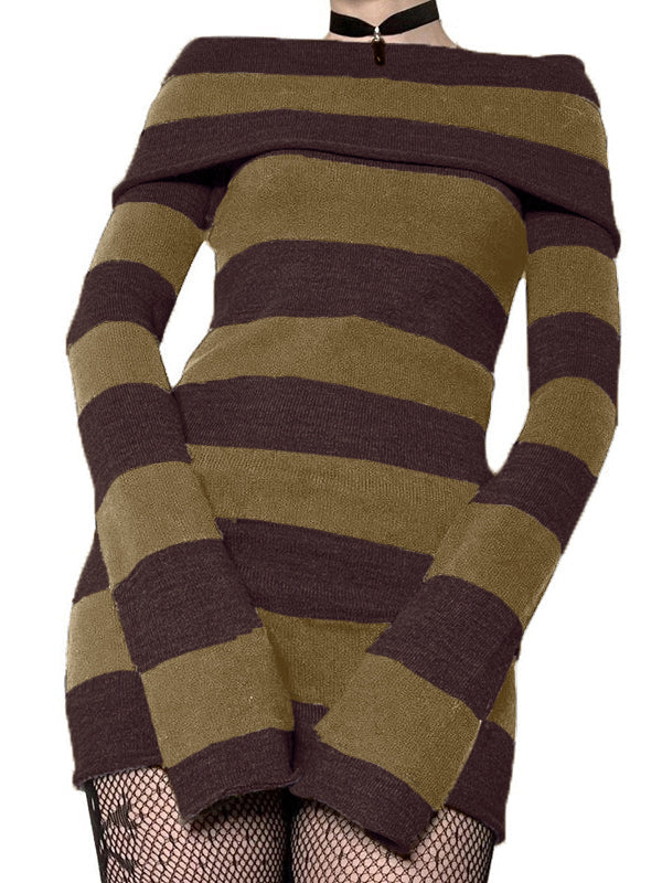 Off Shoulder Long Sleeve Striped Knit Mini Dress Maxct