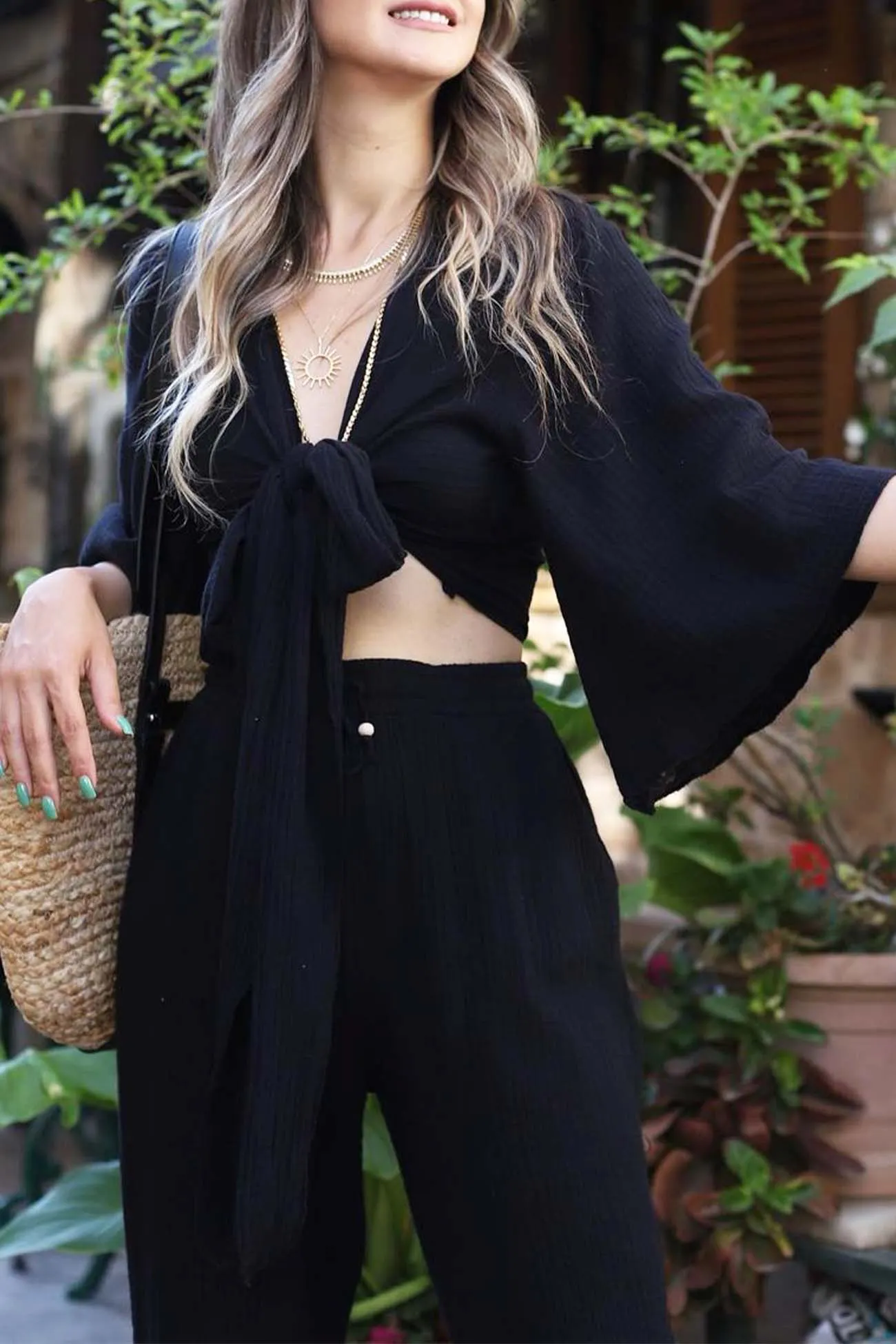 Maxct Front-Tie Bell Sleeve Pants Set