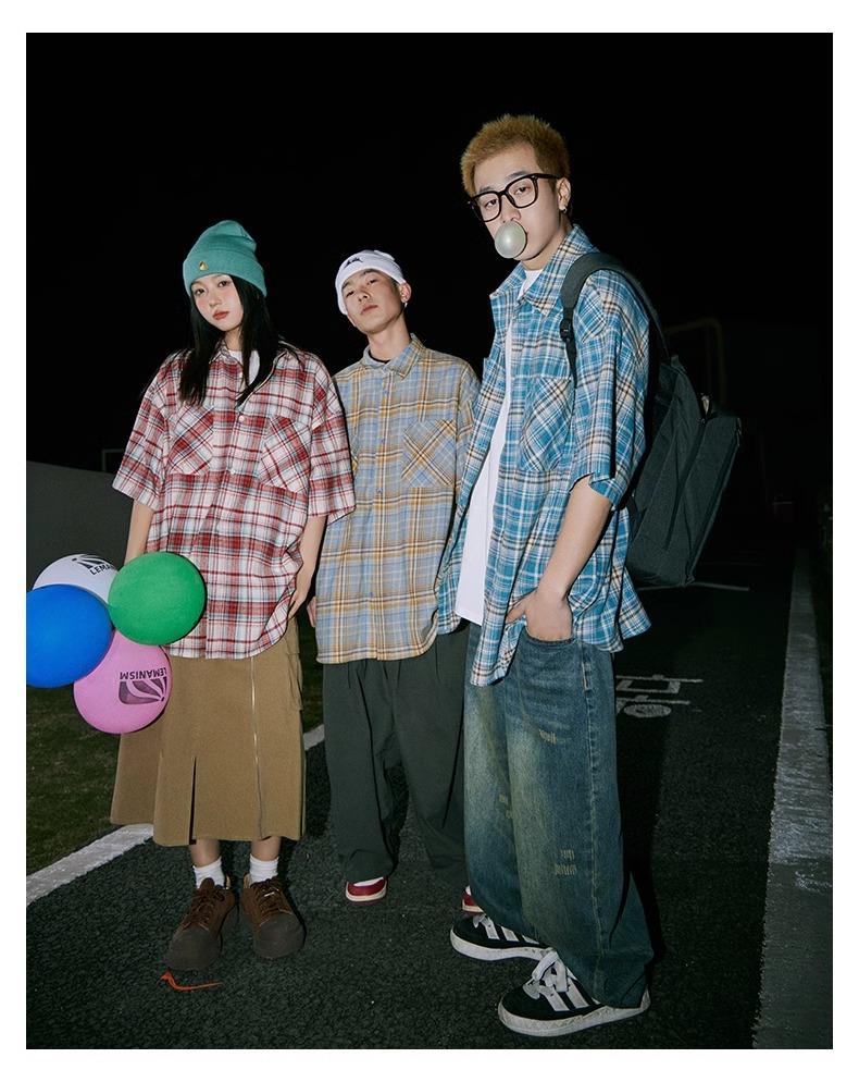 Maxct 90s Streetwear Japanese Niche Plaid Short-sleeved Shirt Men's Summer New Loose Trendy Brand All-match Shirt Couple's Coat Top