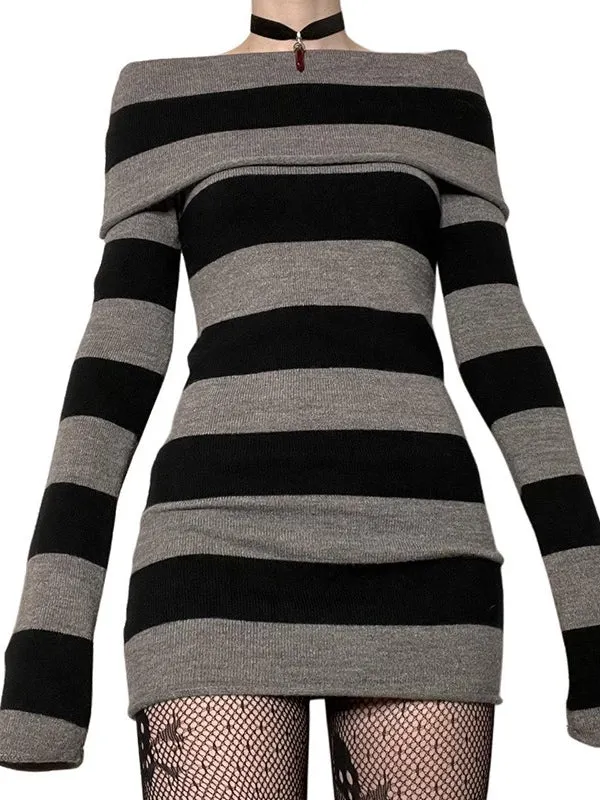 Off Shoulder Long Sleeve Striped Knit Mini Dress Maxct