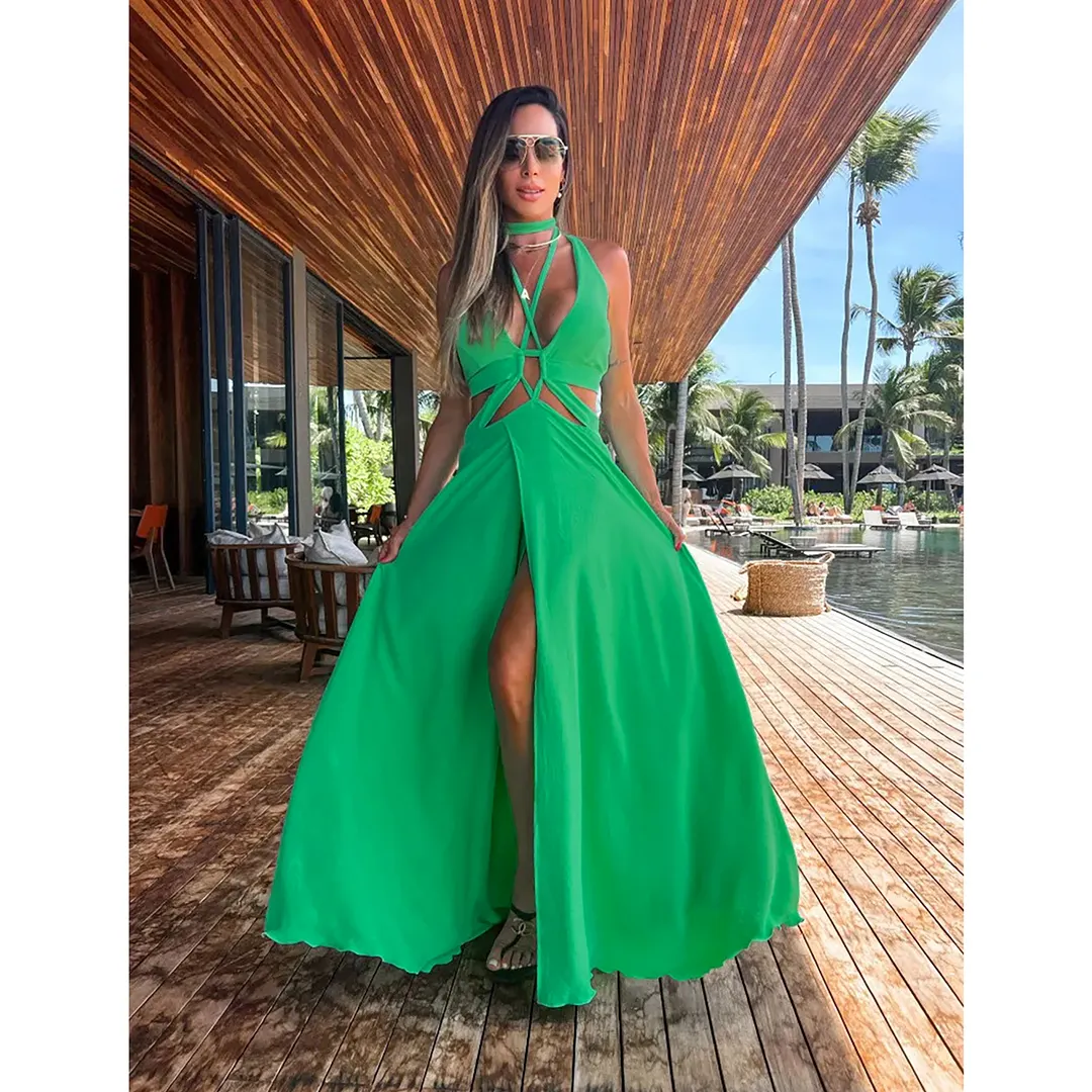 Maxct Women Halter Neck Tie Backless Beachwear Green Cover Up Party Ladies Dresses Casual Summer Clothing Fashion Long Dress
