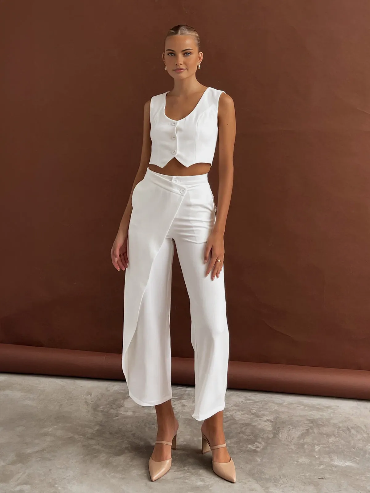 Maxct Solid  Asymmetrical Straight Leg Pants Set