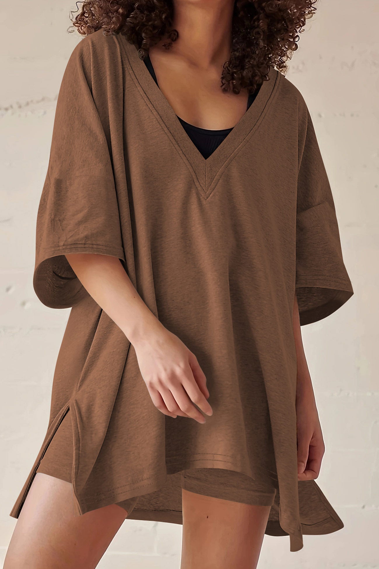 Maxct V Neck Side Slit T-shirt Bodycon Shorts Set