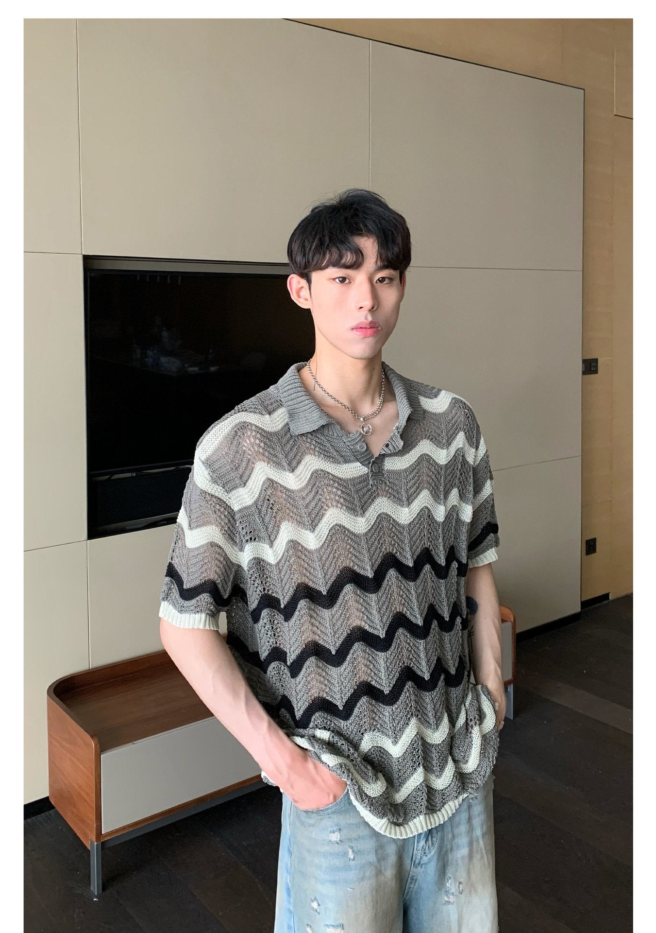 Maxct 90s Streetwear Korean Style Summer High-end Sense Hollow Color Stripe Lap Short-sleeved Niche Design POLO Shirt T-shirt Casual Top