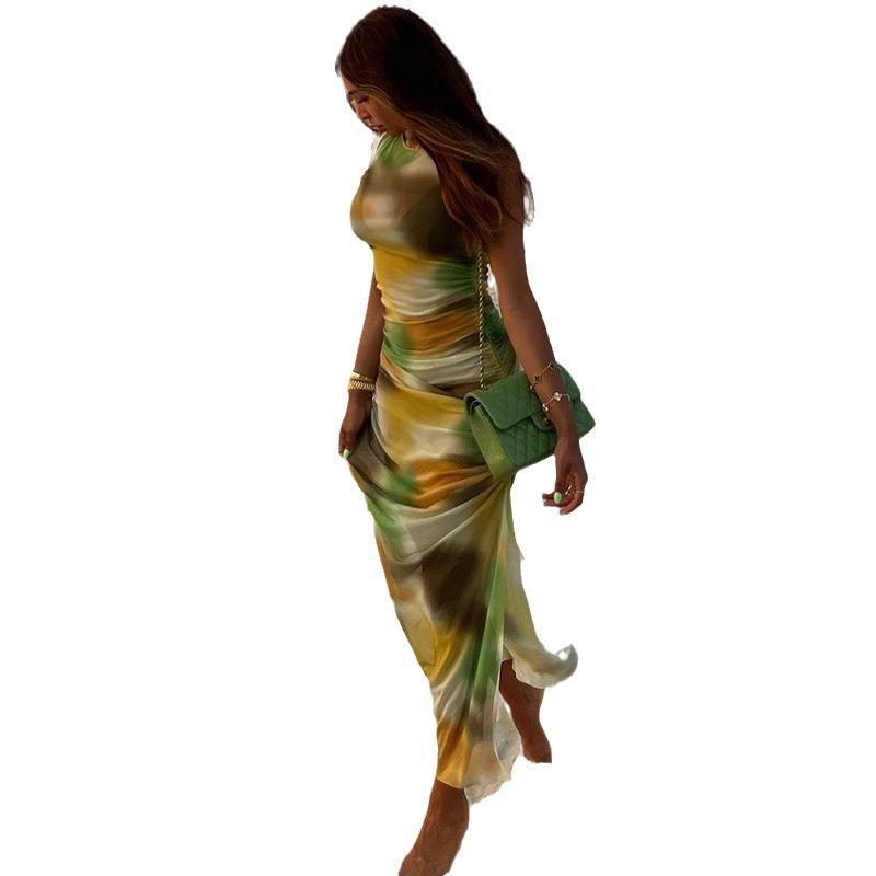 Maxct Style Fashion Printed Mesh Perspective Sexy Sleeveless Round Neck Bag Hip Split Dress Beach Holiday Trendy Women
