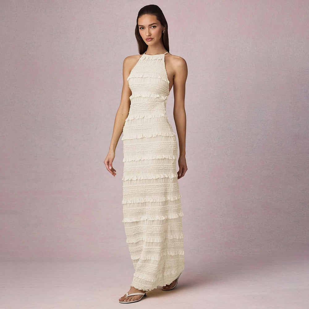 Ruffle Lace Backless Halter Neck Dress Maxct