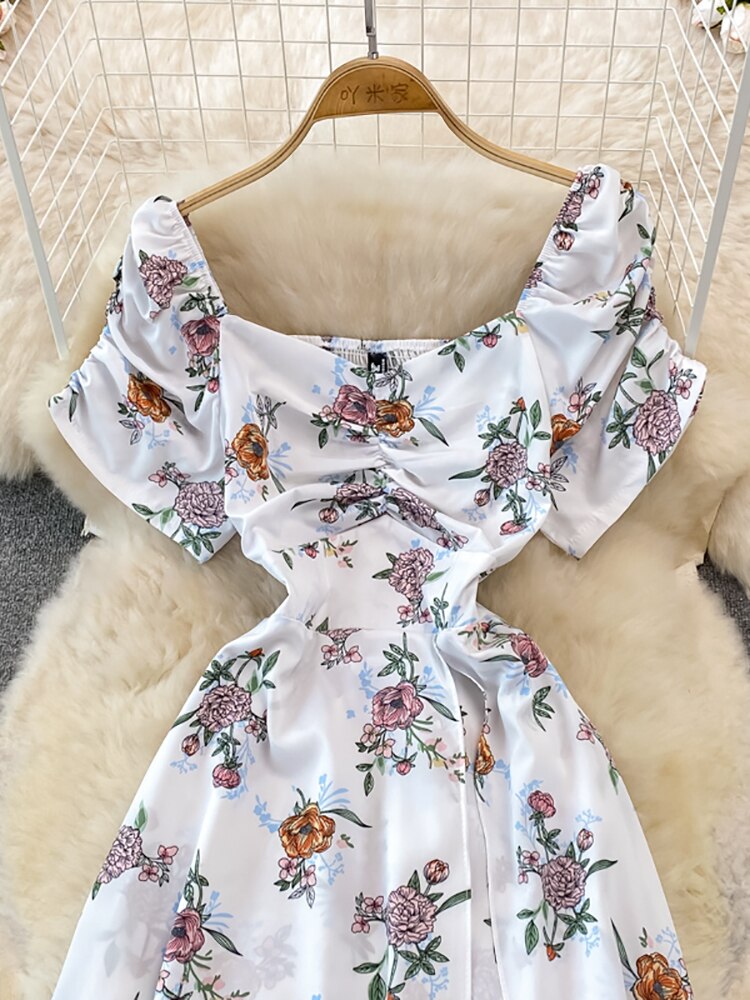 Vintage Women Printed Dresss Sexy Square Collar Short Puff Sleeve High Waist A-Line Vacation Beach Vestidos Female New