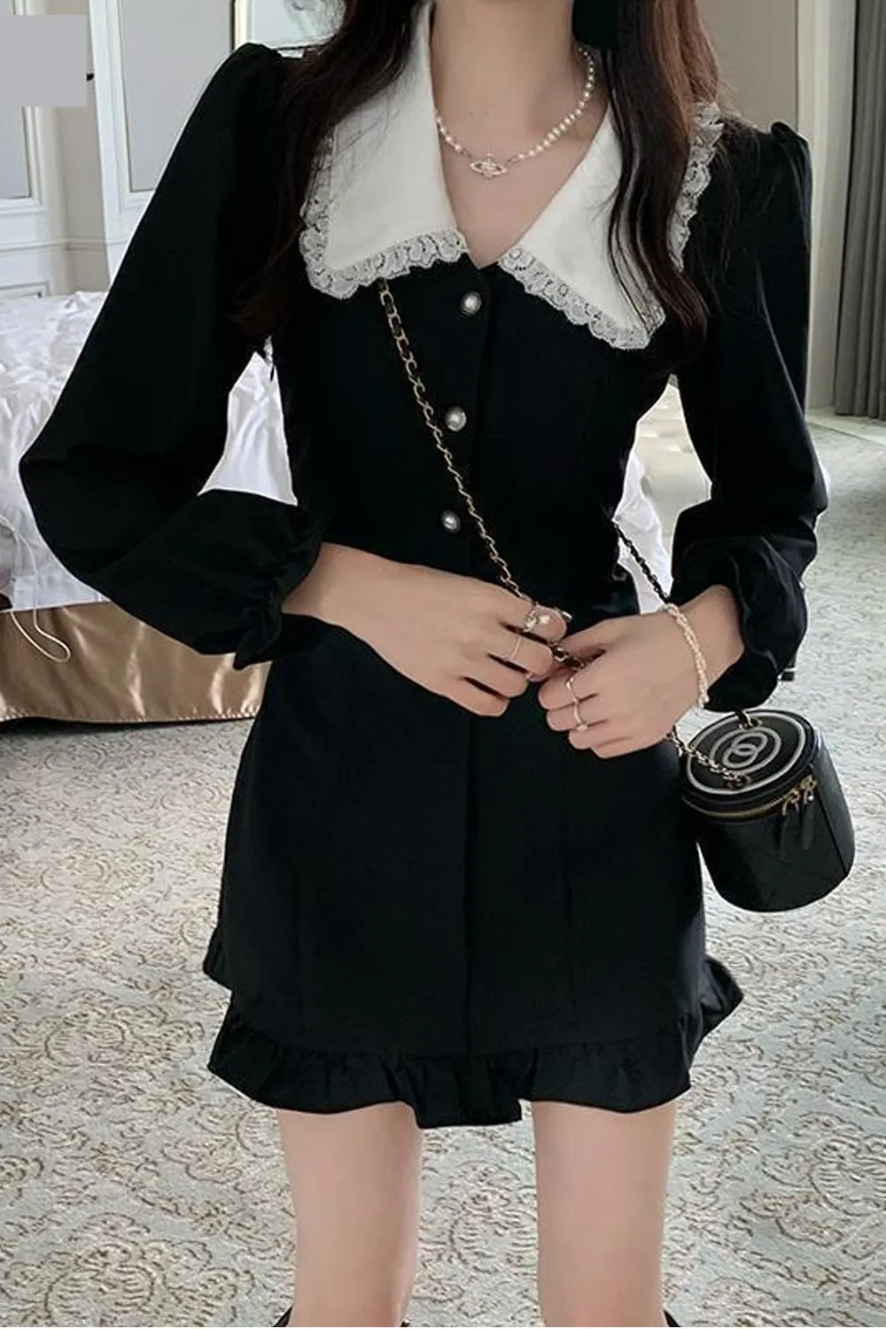 Long Sleeve Peter Pan Collar Ruffle Mini Dress Maxct