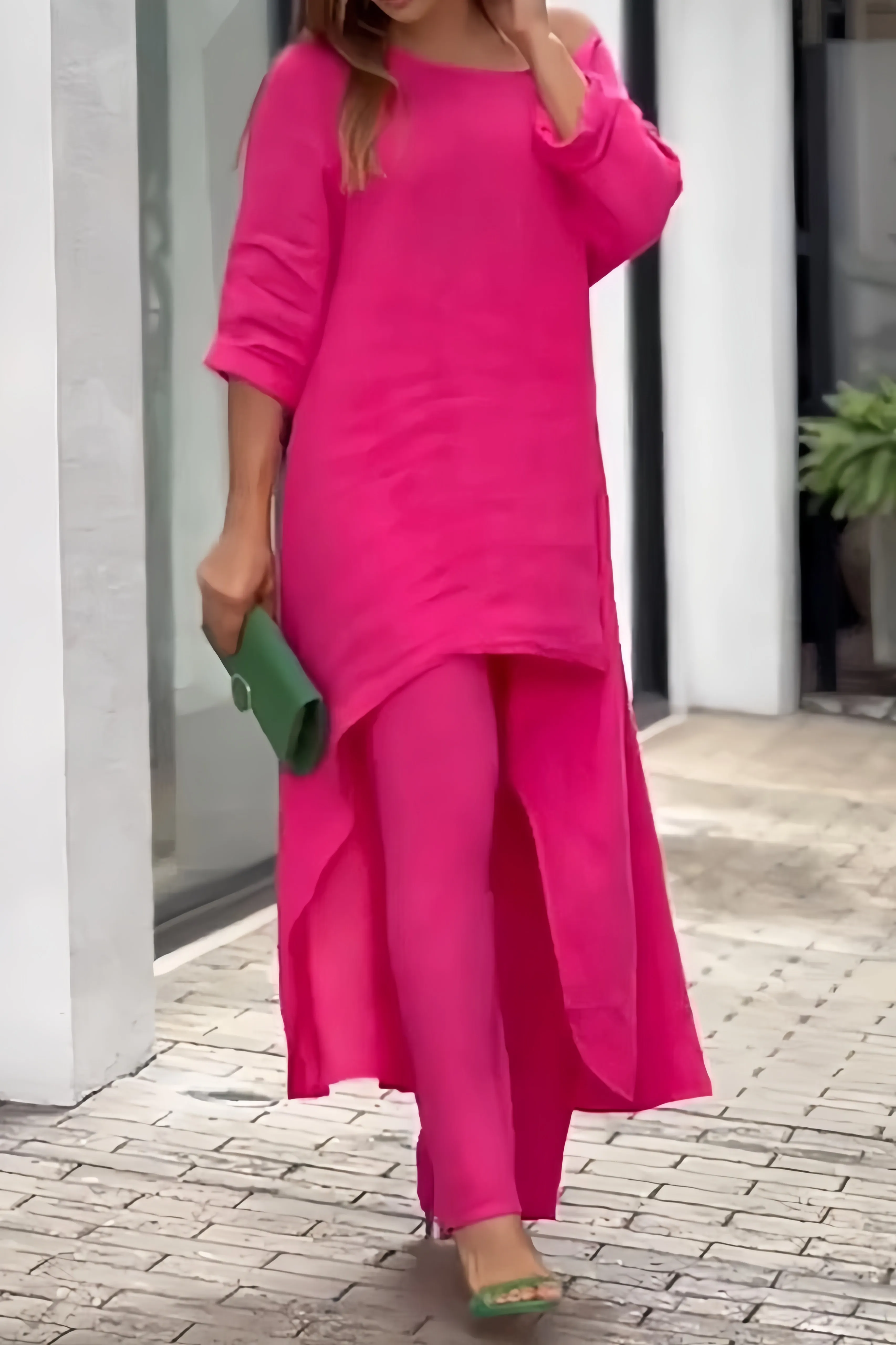 Maxct Cotton Drop Shoulder Irregular Tops Pants Set
