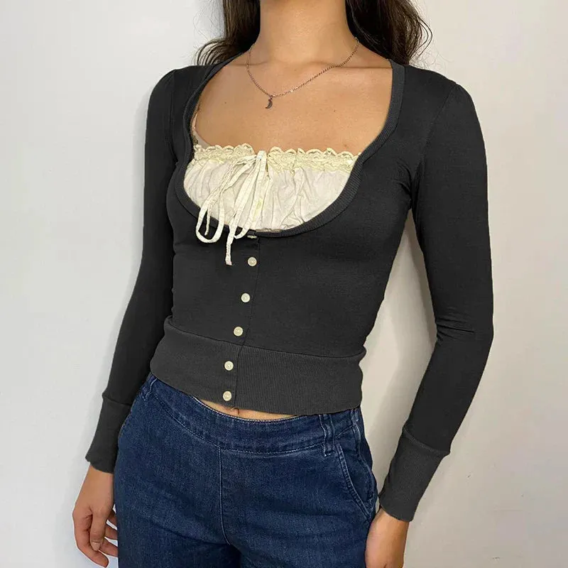 Maxct Preppy Vintage Button Long Sleeve T-shirt Aesthetic Retro Kawaii Lace Trim Crop Top Y2K Fairy Grunge Milkmaid Tees Streetwear