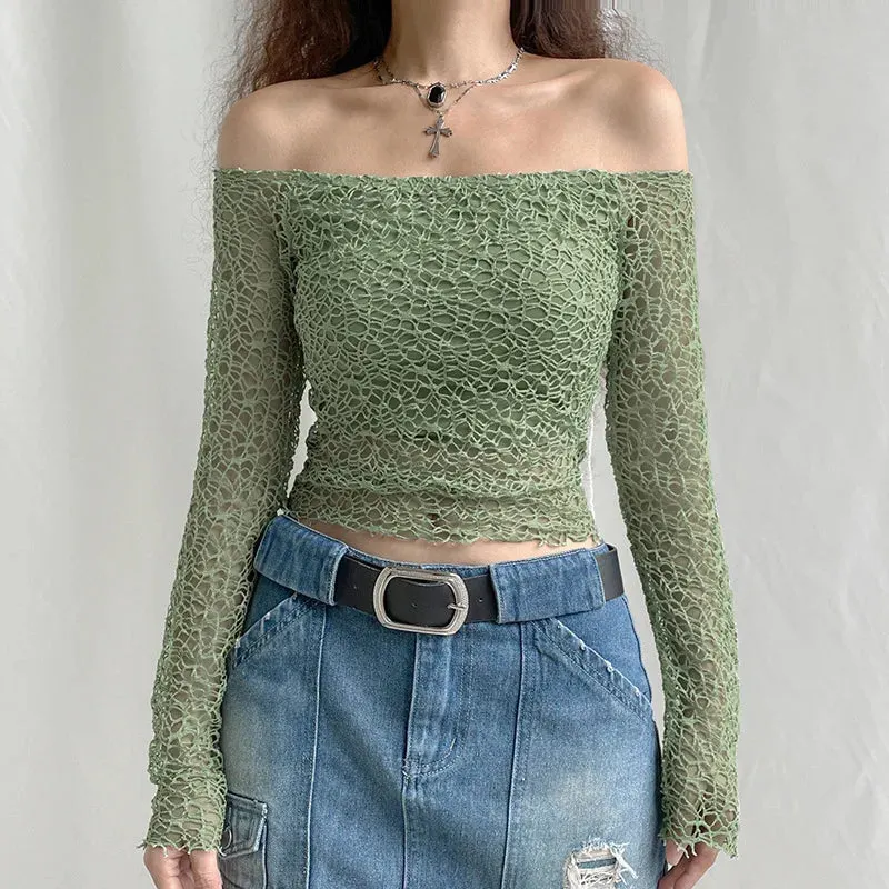Maxct Autumn Spring Korean Off Shoulder T-shirt Chic Vintage Backless Slim Fit Crop Tops Women Fairy Coquette Tees Y2K Pretty Outfits