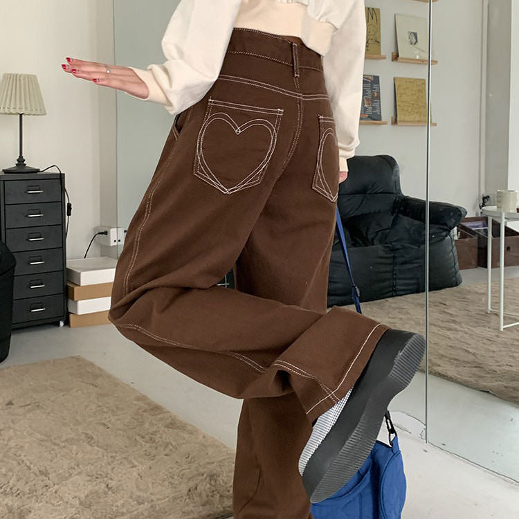 Heart Embroidery Brown Wide Jeans Maxct