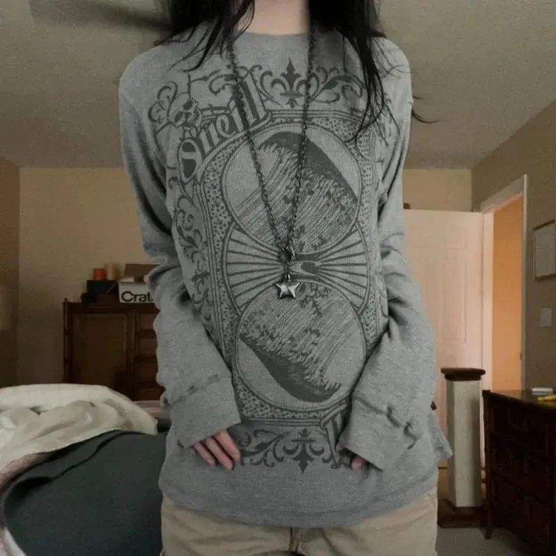 Maxct Cross Print T-shirt Women Y2K Cyber Grunge 00s Retro Harajuku Patchwork Long Sleeve Tee Gothic Mall Goth Sweats Tops