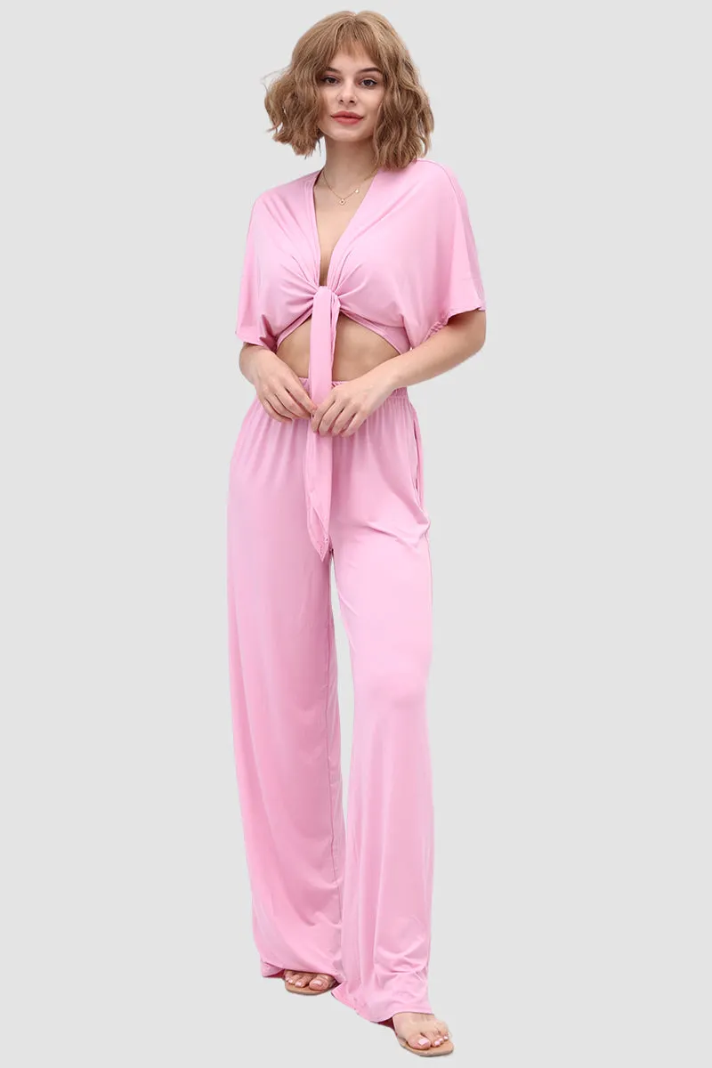 Maxct Deep V-neck Top & Elastic Wide Leg Pants