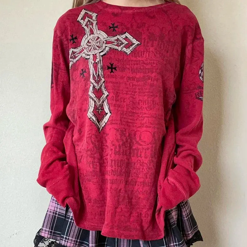 Maxct Cross Print T-shirt Women Y2K Cyber Grunge 00s Retro Harajuku Patchwork Long Sleeve Tee Gothic Mall Goth Sweats Tops