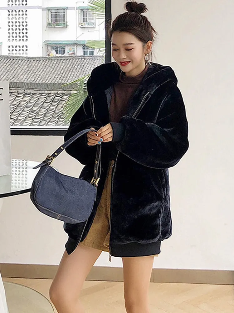 Warm Fluffy Loose White Hoodie for Women Maxct