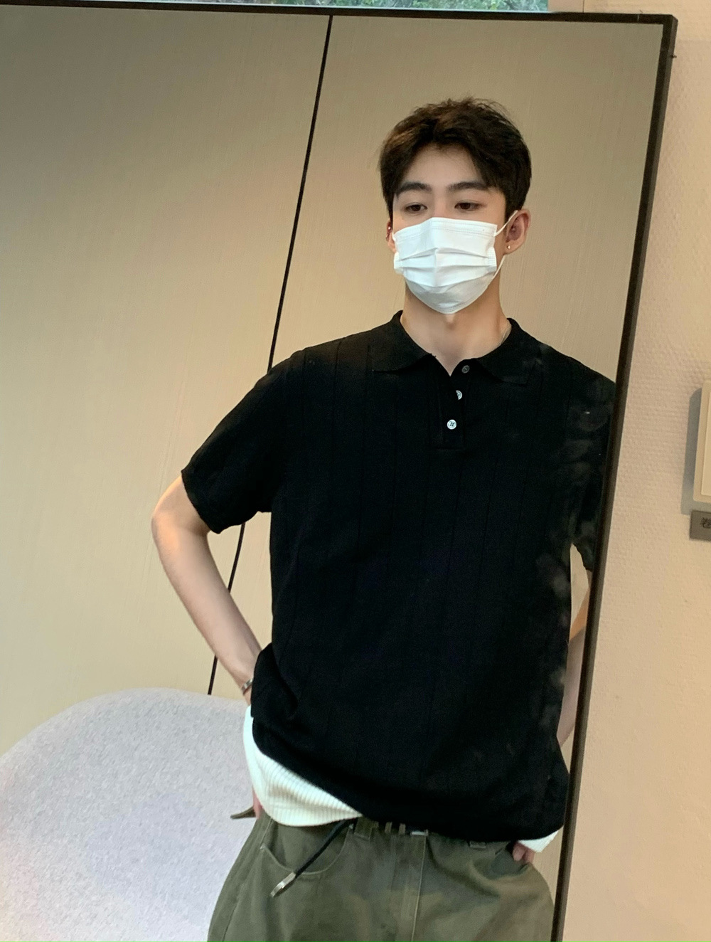 90s Streetwear Korean Style Niche Lapel Polo Shirt Pit Button Design Short-sleeved T-shirt Men's Casual All-match Knitted Top
