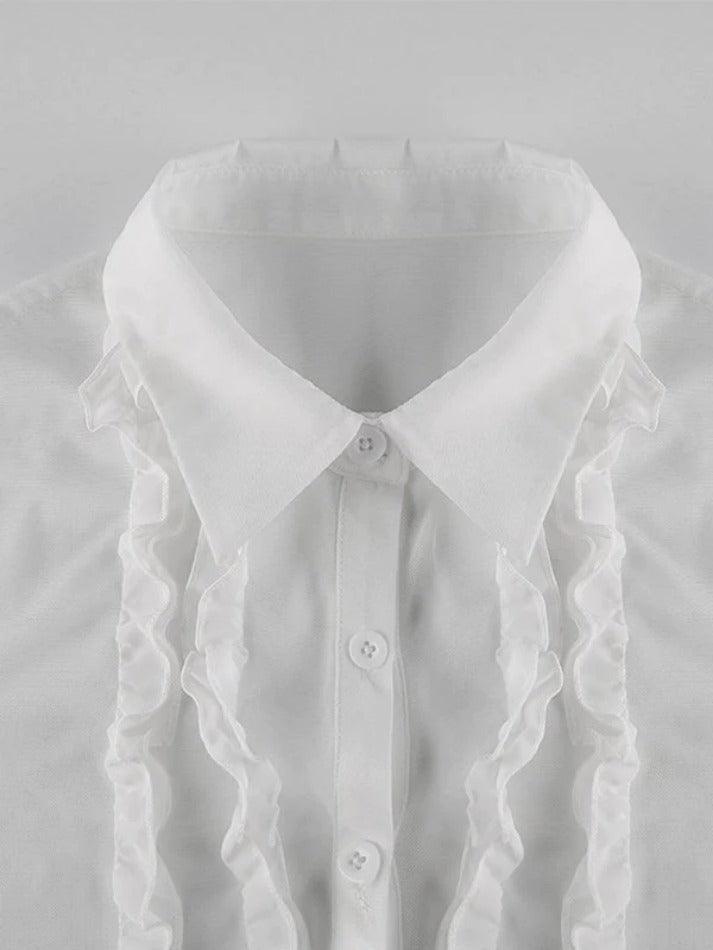 Maxct-Ruffle Trim Sheer Mesh Long Sleeve Blouse