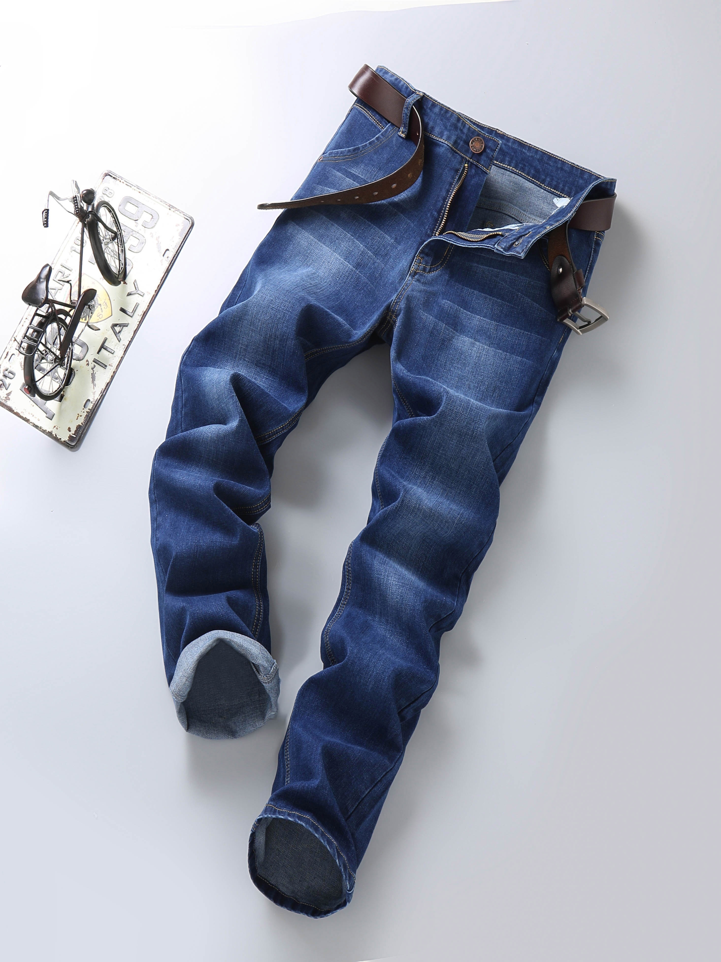 Men's Straight Leg Slim Stretch Retro Jeans Mid Waist Basic Zipper Wash Denim Pants