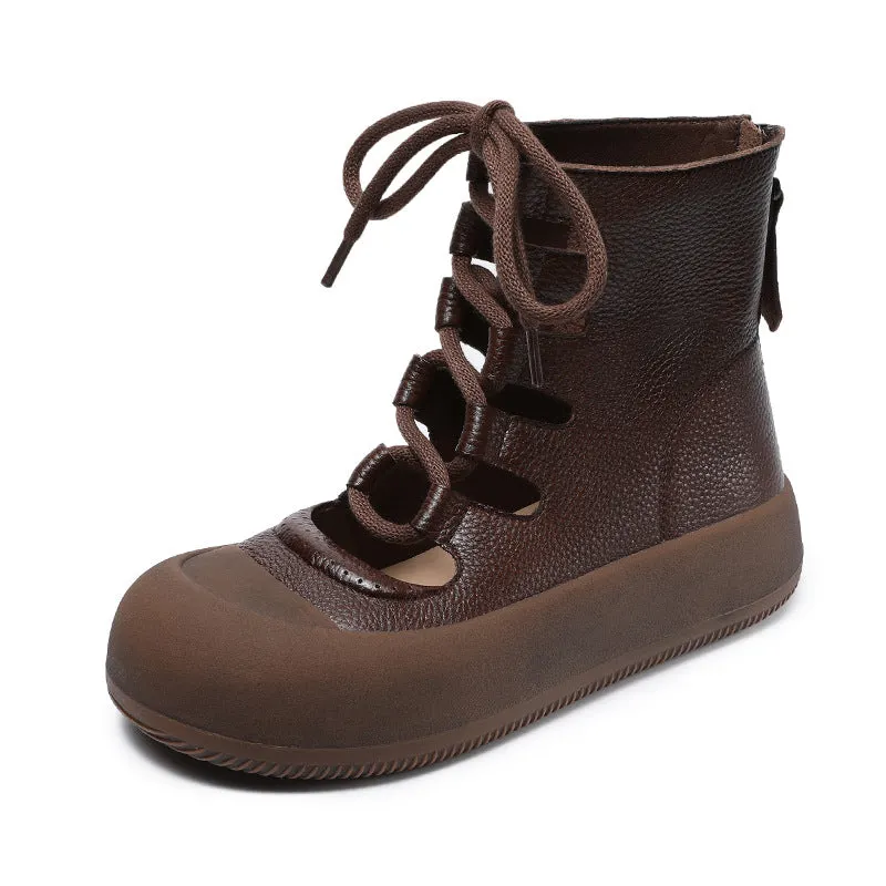Women Retro Breathable Hollow Leather Lace-Up Short Boots