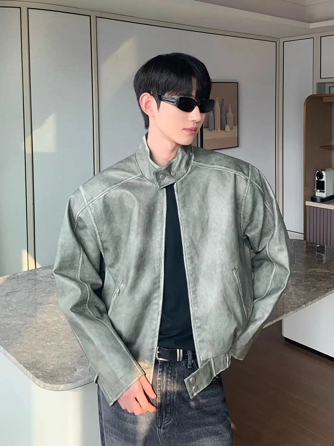 Maxct Stand Collar Cotton PU Leather Bomber Jacket