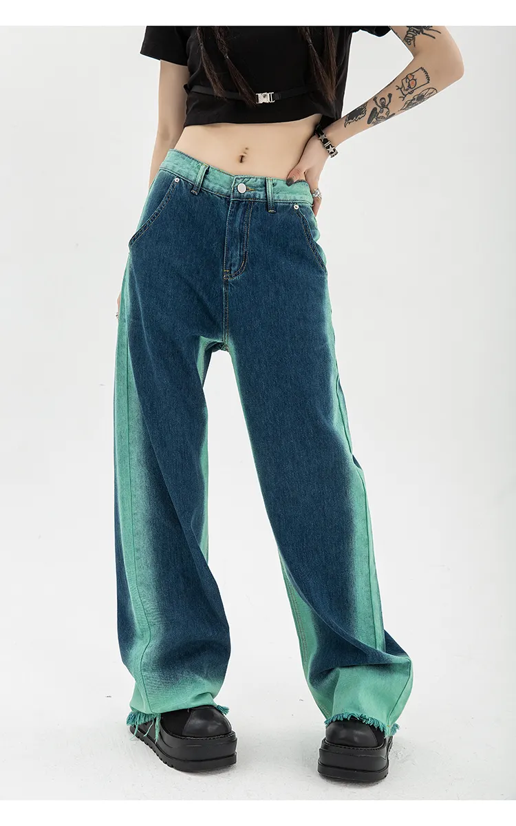 High Waisted Pants Baggy Women's Jeans: Gradient Color Wide Leg