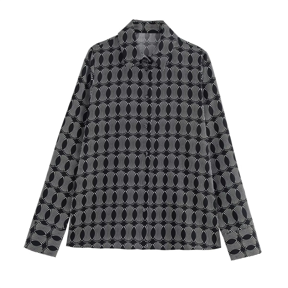 Autumn New Women's Regular Style Geometric Pattern Printed Single breasted Long sleeved Collar Shirt