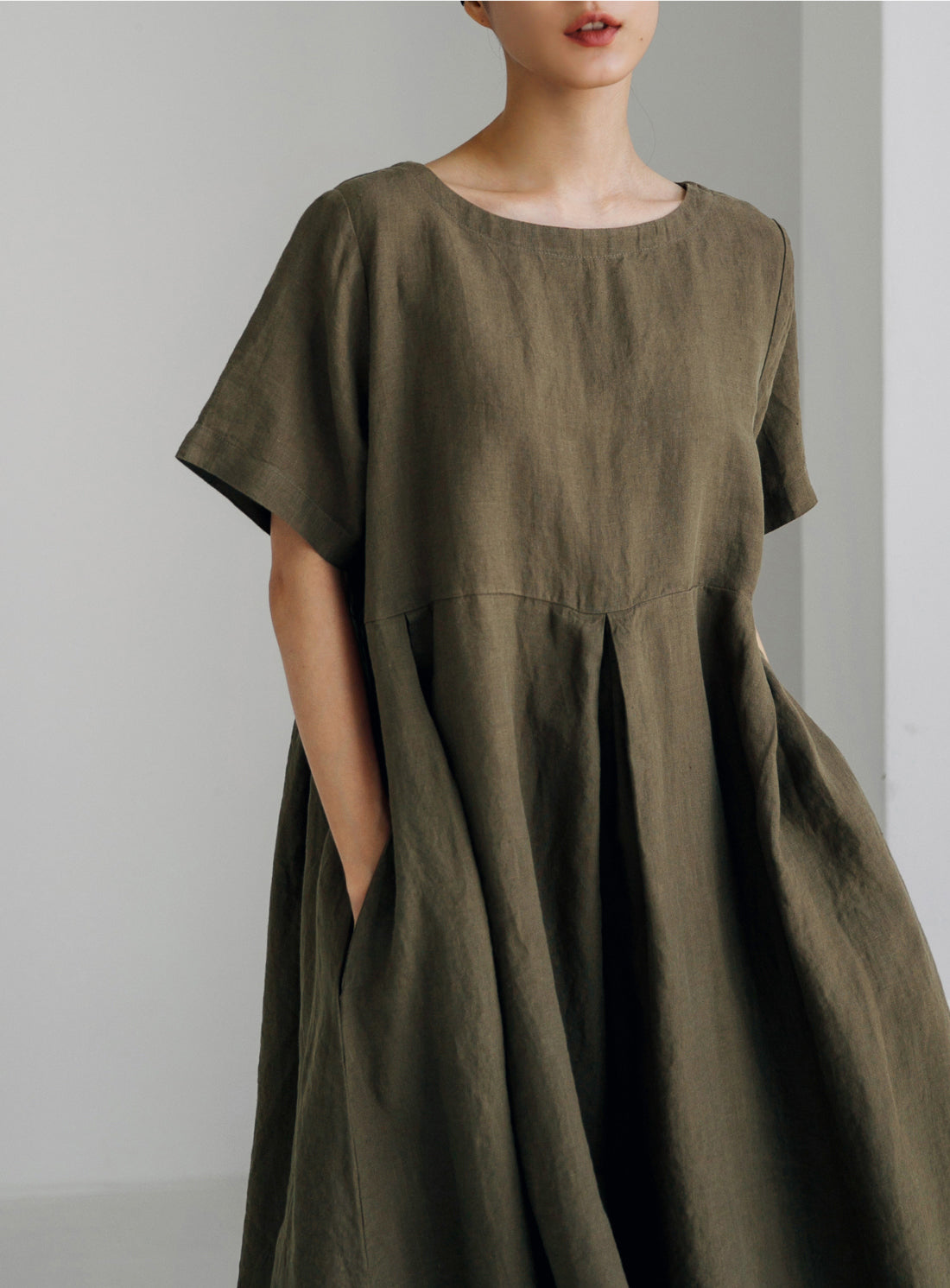 Ladies Solid Color Casual Loose Cotton Linen A-Line Dresses