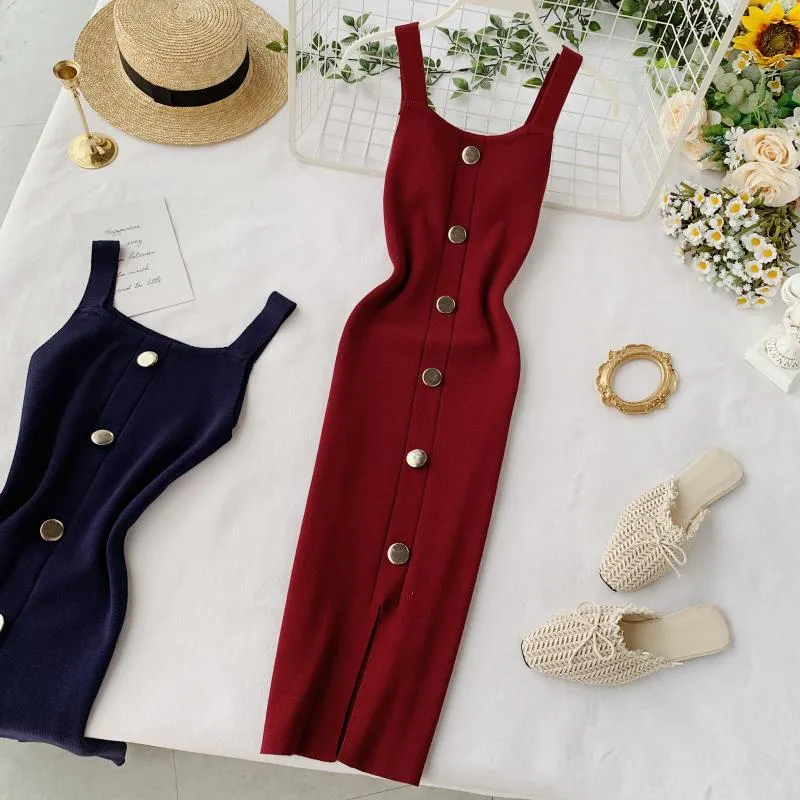 Summer Pink/Red/White/Black Women Knitted Dress Vintage High Waist Button Single-breasted Slim Casual Dress For Female New